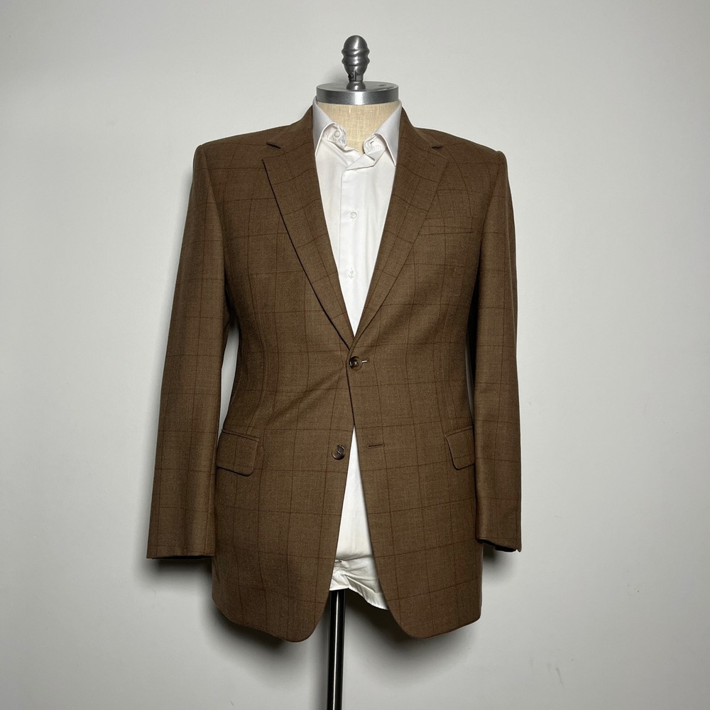 Jos. A. Bank Blazer Mens 42L Brown Windowpane Wool Signature Collection Jacket